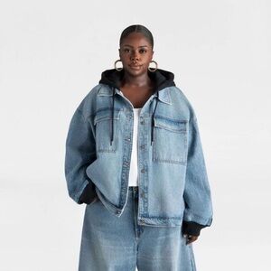 KBB by KAHLANA Women's 'The Denim and Fleece Hoodie' - Medium Wash 1X